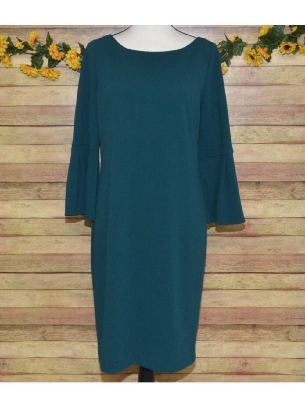 Eliza J Ladies 10 Teal Sheath Midi Dress Bell Sleeves Scuba Knit Career Event